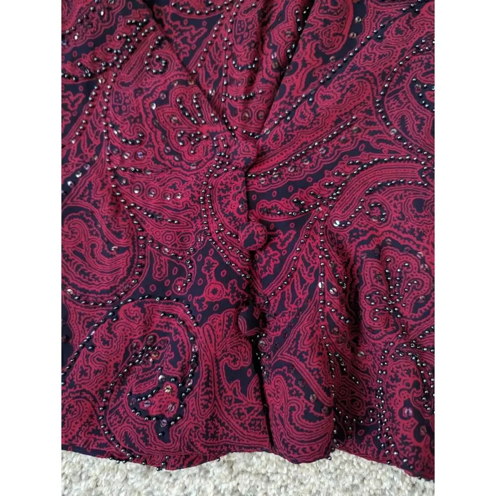 Carmen Marc Valvo Silk Beaded Blouse Women 10 Burgundy Blue Paisley Bell Sleeve - Picture 7 of 8